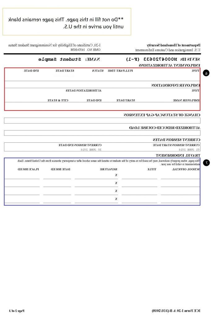 Visual of the second page of the Form I-20, containing information about employment and travel endorsements.